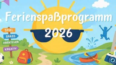 Bild für Ferienspaßprogramm 2026 mit Sonne die eine Brille auf hat im Hintergrund